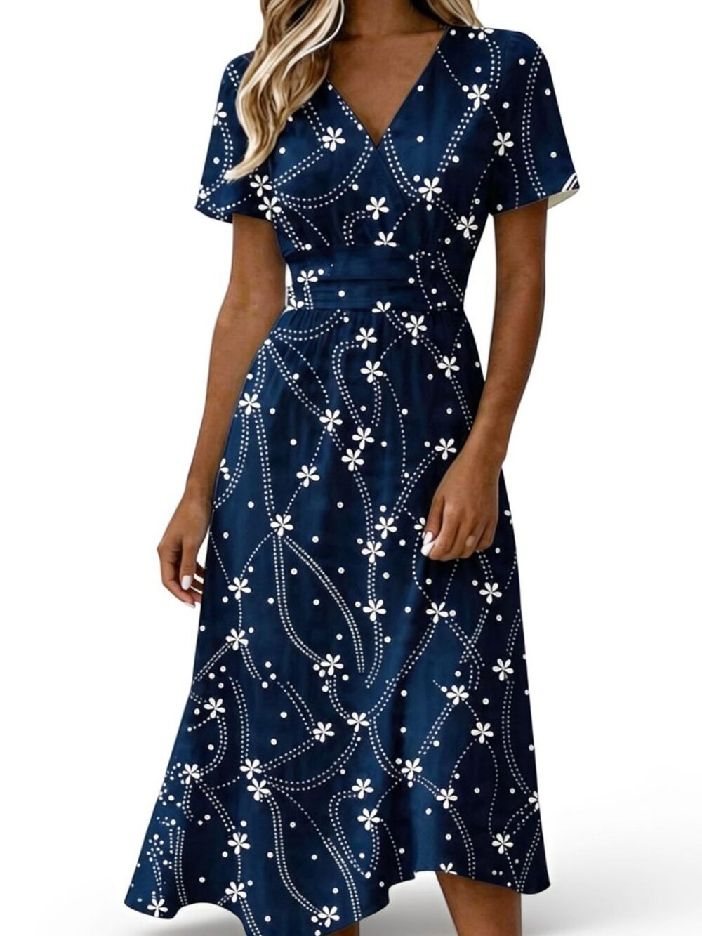 🆕 Dresses Women Summer Casual V Neck Floral Dress Short Sleeve Ombre A-Line - Picture 6 of 6